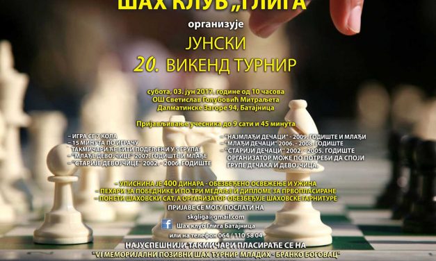 Шах клуб „ГЛИГА“ организује ЈУНСКИ 20. викенд турнир